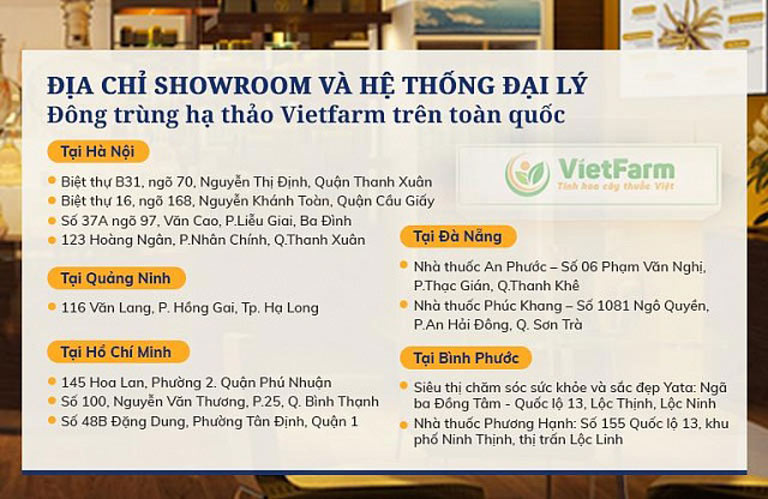 Địa chỉ Showroom và Hệ thống đại lý Đông trùng hạ thảo Vietfarm trên toàn quốc