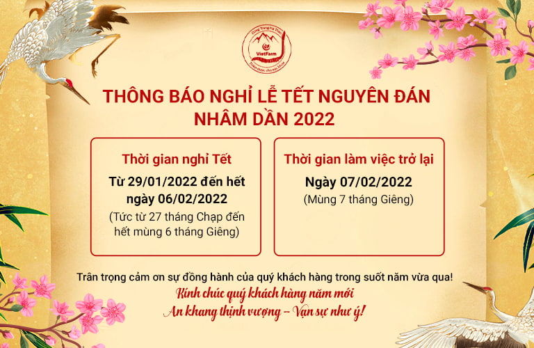 Lịch nghỉ Tết Nguyên Đán Nhâm Dần 2022 Đông trùng hạ thảo Vietfarm