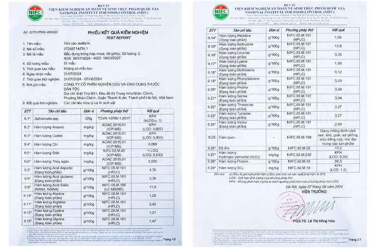Giấy kiểm định hàm lượng dưỡng chất có trong yến sào Vietfarm